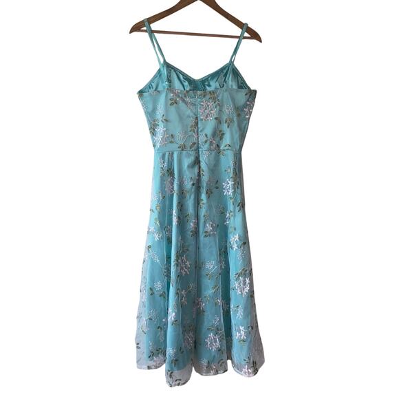 Aqua Floral Embroidered Midi Dress S Fairy Whimsical Coquette Feminine Ethereal - Picture 7 of 8
